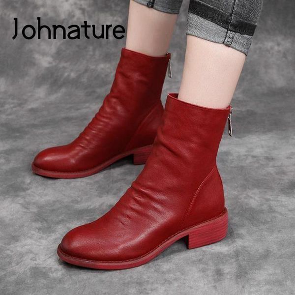 

boots johnature genuine leather shoes women winter 2021 retro handmade concise zip round toe ankle platform, Black