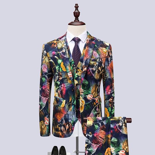 

men's suits & blazers (jacket+vest+pants) korean luxury printed fashion host performance dress groom nightclub suit 3 pcs plus-size 6xl, White;black