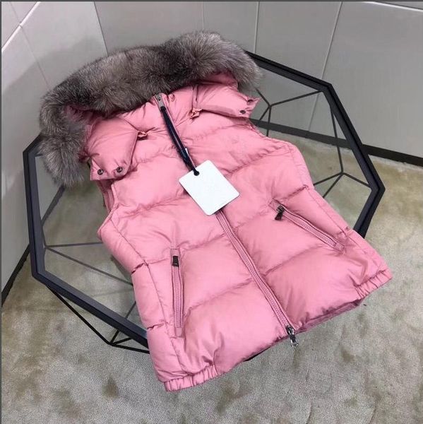 

women hooded big fox fur down vest thick warm double zipper design jacket waterproof parkas pink/black, Black;white