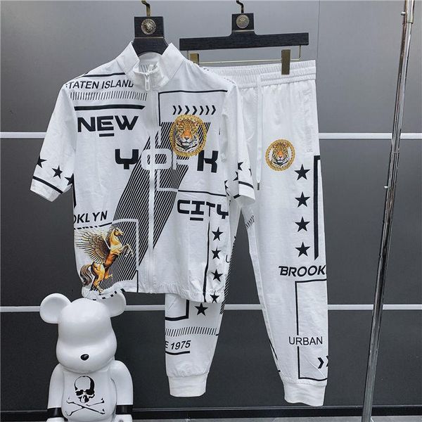 

men's tracksuits ice silk suit the summer 2021 han edition of fashion sports leisure man and a set clothes, Gray