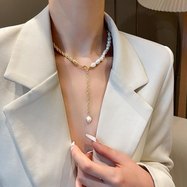 

pendant necklaces 316l stainless steel fashion upscale jewelry natural pearl splicing charms twist thick chain choker for women, Silver