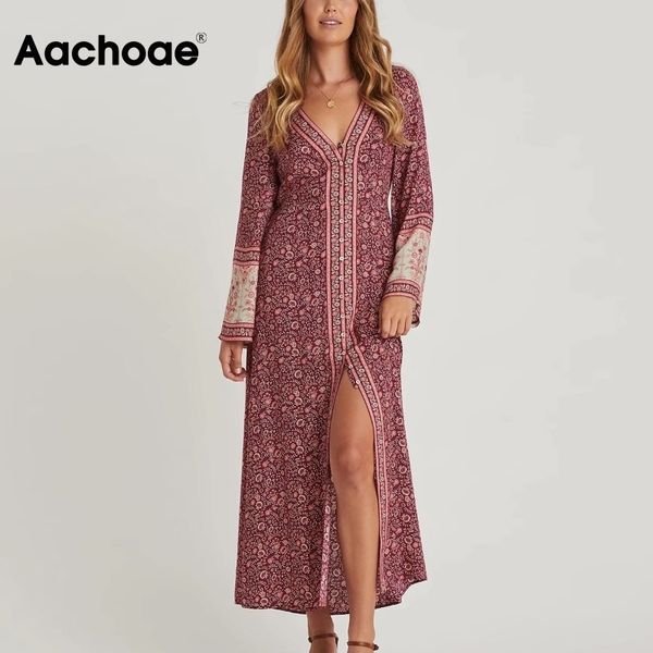 

summer women bohemian floral print dresses v neck split beach dress female vintage long sleeve buttons sundress 210413, Black;gray