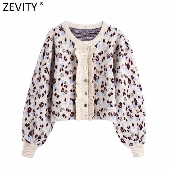 

zevity women fashion o neck lantern sleeve leopard print casual short knitting sweater femme chic ruffles cardigan s523 210603, White;black