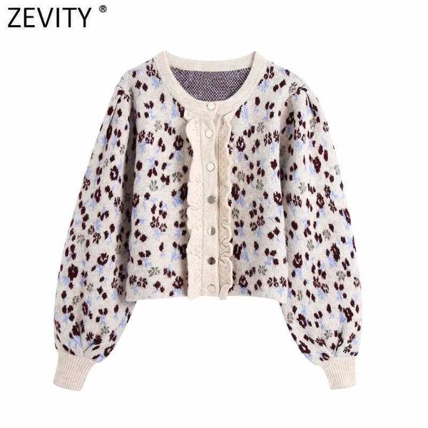 Zevity Donna Moda O Collo Manicotto a lanterna Stampa leopardata Maglione corto lavorato a maglia casual Femme Chic Ruffles Cardigan Top S523 210603