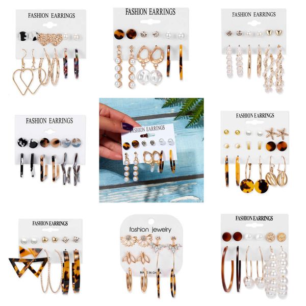 

new geometric acetate plate love pearl earrings 6-piece fashion earrings, Black