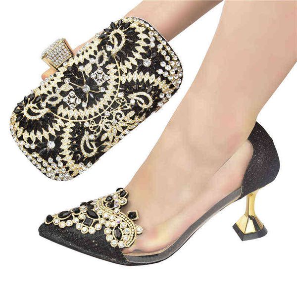 

2022 pointed dinner bag with thin high heels single shoes bright rhinestone bag large women's matching, Black