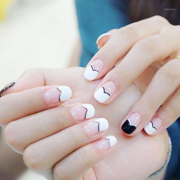 

24pcs/boxed black and white mix color full cover fake french nails finished products acrylic artificial nail with glue for girls1, Red;gold