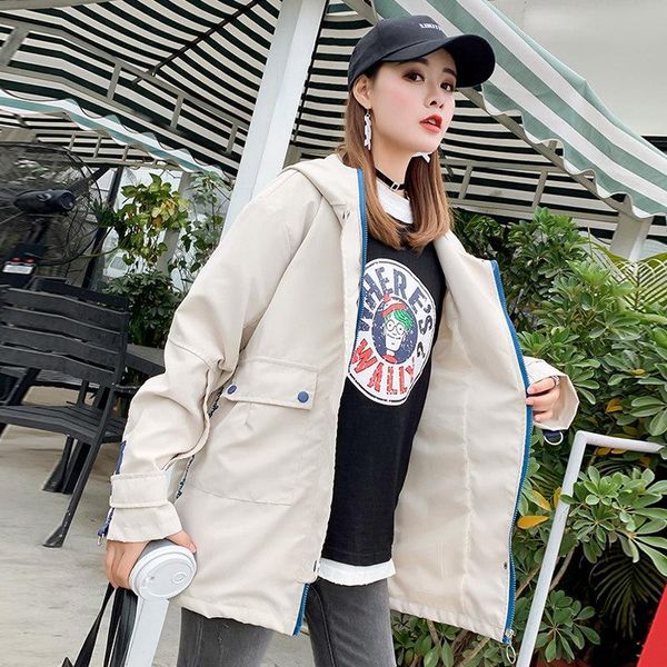 

women's trench coats 2021 women clothing autumn winter double pocket hooded coat feminine dustcoat trend girl loose zipper overcoat, Tan;black