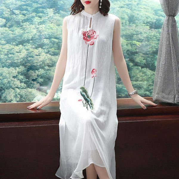 

style chinese embroidery gaoguitai qipao sleeveless vest chiffon dress, Black;gray