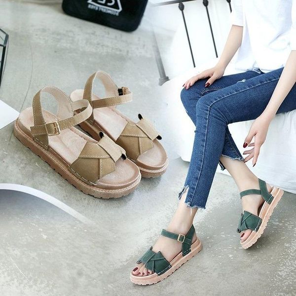 

sandals ladies 2021 summer style thick-soled student fairy wild fashion bow gentle flat shoes ins tide roman, Black