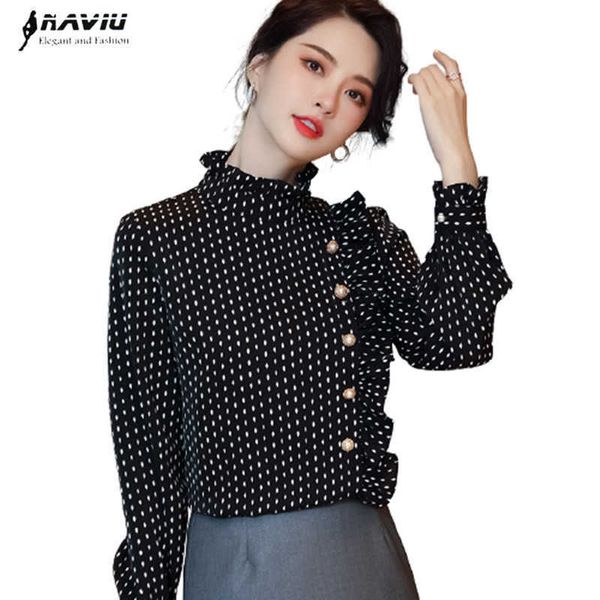 

professional shirt women spring fashion temperament chiffon polka dot stand collar blouses office ladies elegant work 210604, White