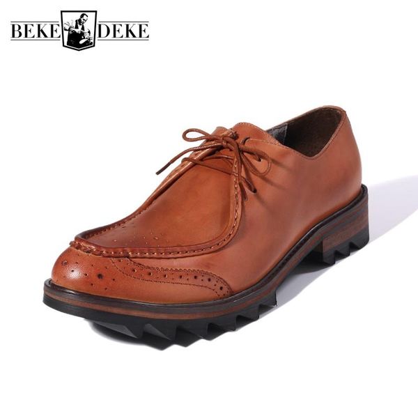 

dress shoes men genuine leather height increasing pointed toe platform casual breathable lace up carved business, Black