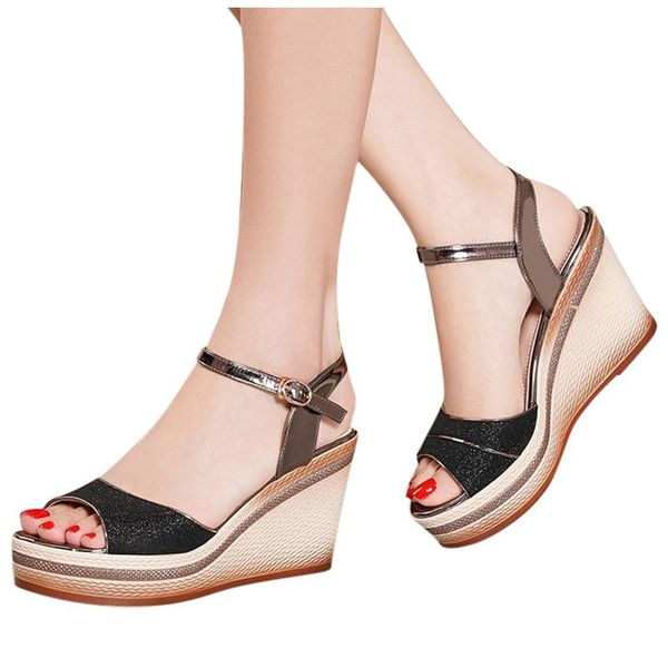 

women sandals platform wedges high heel shoes peep toe platforms crystal heels plus size, Black