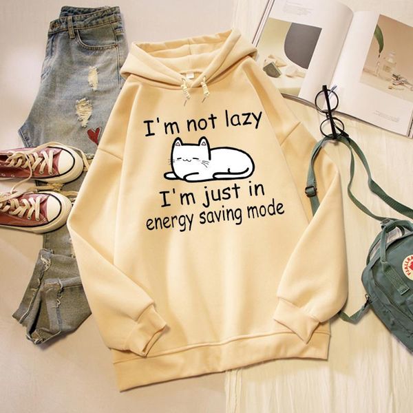 

women's hoodies & sweatshirts i am not lazy letter cat print cartoon oversized hoodie harajuku sweatshirt kpop streetwear kawaii pullov, Black