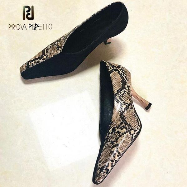 

dress shoes prova perfetto spring suede patchwork shallow women pumps square toe high heel serpentine leather single, Black