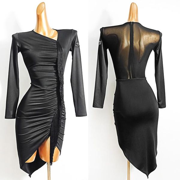 

latin dance dress mesh long sleeve dresses competition show wear rumba tango salsa cha female dn4303 stage, Black;red