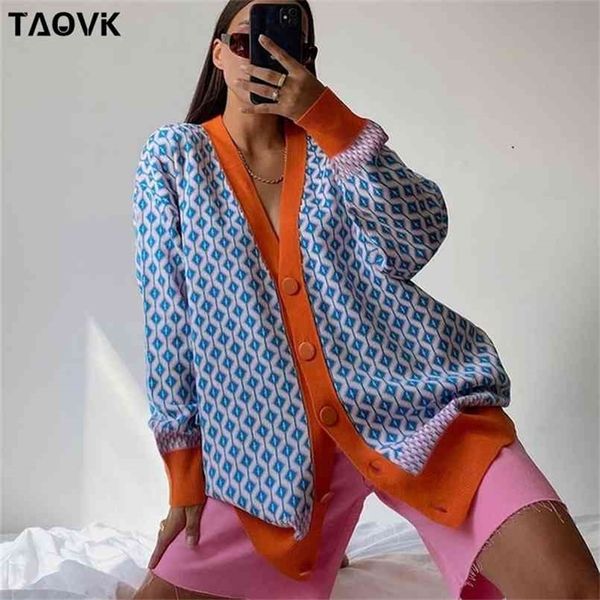 Taovk mulheres de tricô cardigans camisola diamante padrão contraste solto casual casaco casaco de cardigan 210914