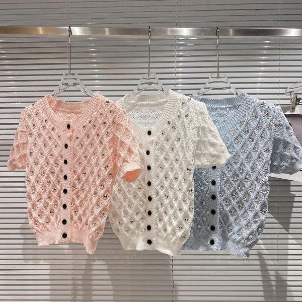 

women's knits & tees 2021 spring diamond lattice short knitwear sleeve cardigan coat women sweater knit cardigans female knitted shirt, White