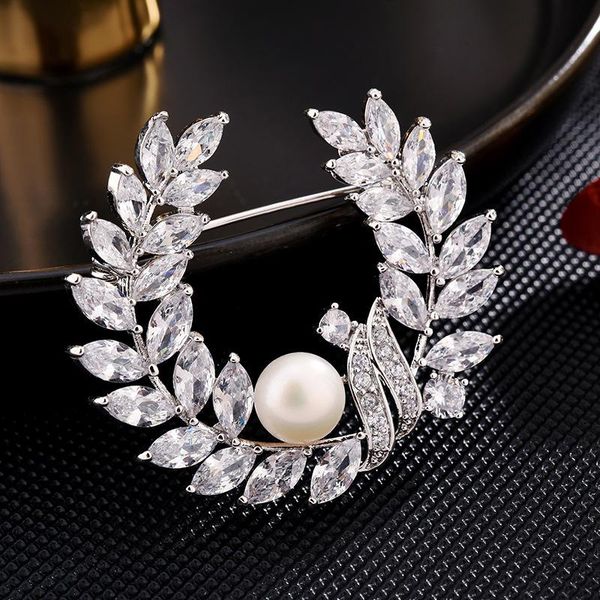 

pins, brooches fashion branches bouttoniere for women cubic zirconia olive branch pearl corsage luxury wedding bridal, Gray