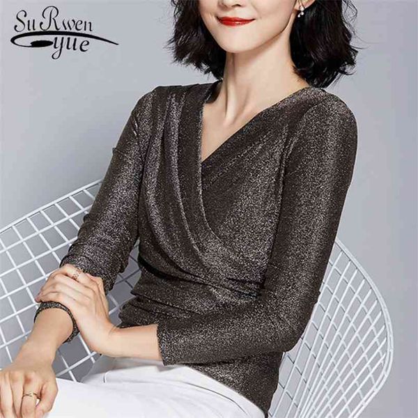 

plus size womens and blouses shirts blusas femininas v-neck solid elegant long sleeve chic blouse 2920 210421, White