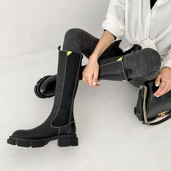 

boots autumn for women warm genuine leather platform knee high 2021 fall winter working office lady women's, Black