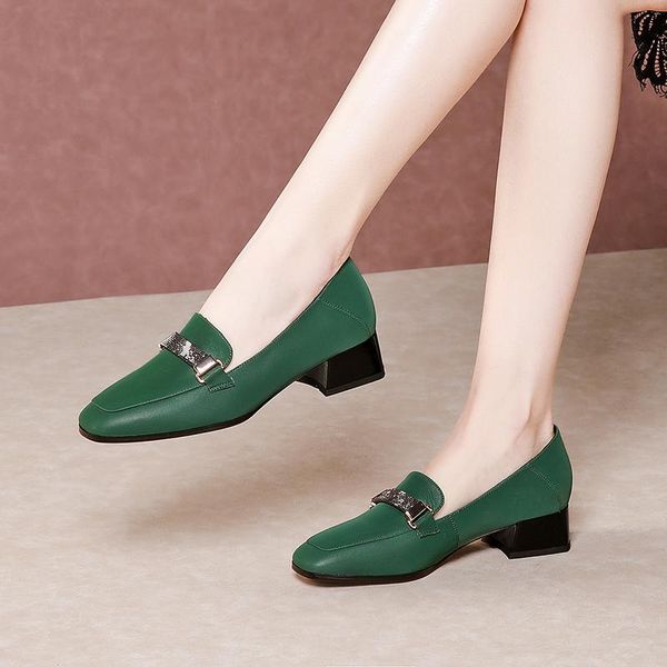 

dress shoes genuine leather spring summer office lady women pumps elegant square toe thick heels shallow woman, Black
