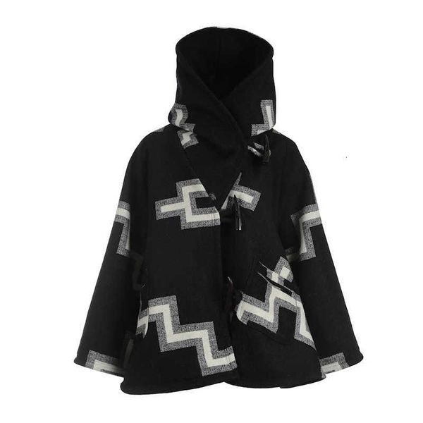 

women's jackets female european and american autumn long sleeve loose mid-length plus size hooded jacket printed woolen 6j58, Black;brown