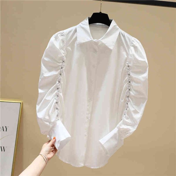 

spring new beading puff sleeves white solid turn down collar loose shirt womens 210421