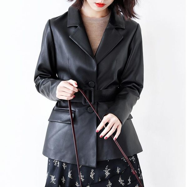 

women's leather & faux 2021 slim coats women fashion soft pu blazer jackets office ladies black elegant outwear female with belt