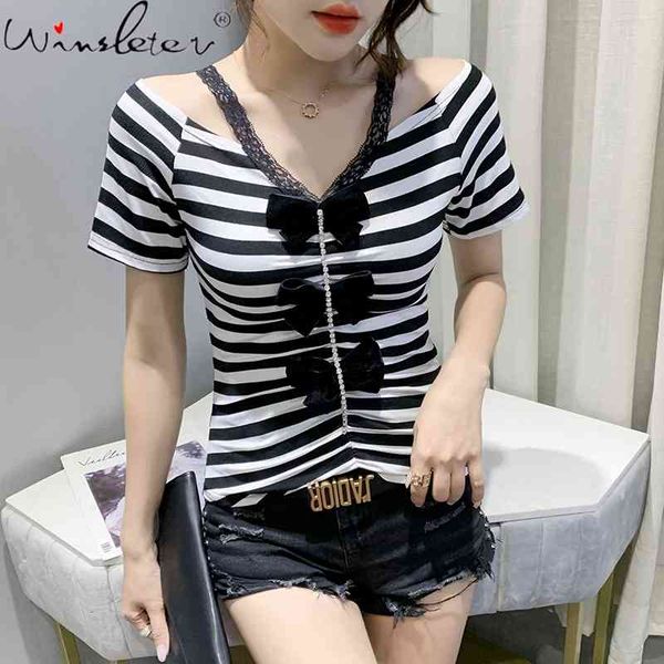 

women's t-shirt summer european style cotton fashion v-neck patchwork lace diamonds bowknot shiny women tees t13618a 8df, White