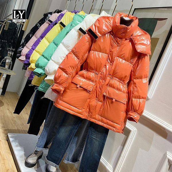 

women's down & parkas ly varey lin 2021 winter candy color glossy coats women drawstring fitted waist hat detachable duck jackets, Black