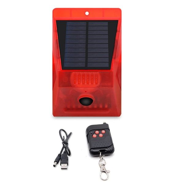 

solar/usb powered alarm light remote control human body induction infrared 129db sound and flashing strobe lamp anti-theft