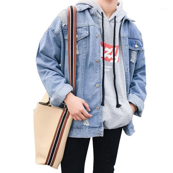 

men's jackets spring autumn 2021 teenagers thin denim jacket male korean student japanese retro loose hole bf street ripped clothes, Black;brown