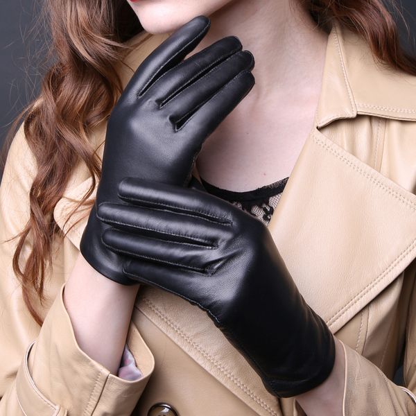 

genuine leather classic design black red sheepskin gloves women warm driving working glove, Blue;gray