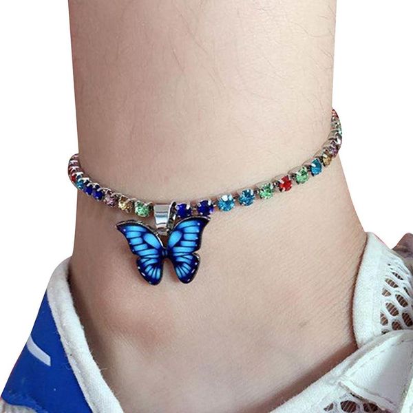 

anklets bohemian geometric rhinestone chain gold silver color butterfly leg bracelet anklet for women girl bling feet jewelry, Red;blue