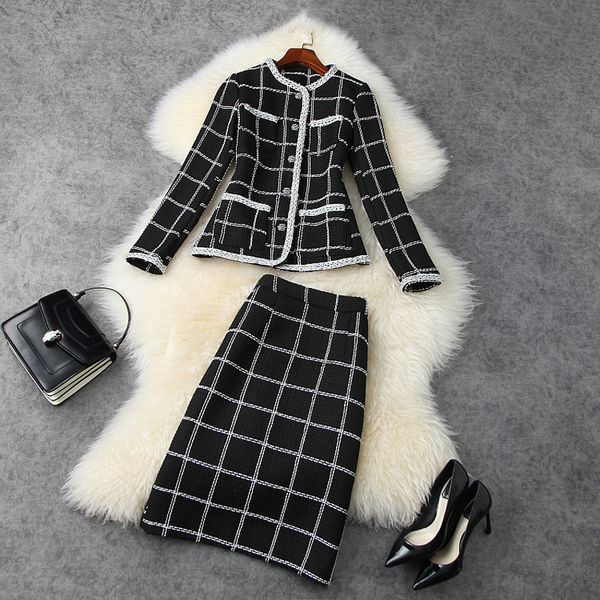 

two piece dress fall winter long sleeve round neck black plaid tweed single-breasted jacket + mid-calf skirt suits 2 s set ln0111515 oai1, White