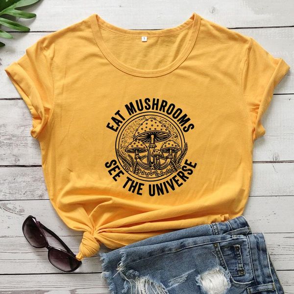 

eat mushrooms see the universe t-shirt funny plant tshirt casual women short sleeve hipster vegan women's, White