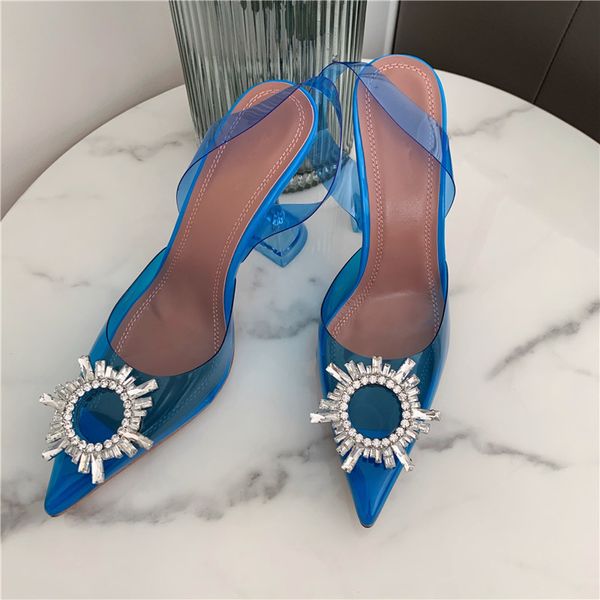 

casual designer lady women sandals blue pvc transparent crystal strass pointy toe stiletto slingback high heels sandalias bride wedding shoe, Black