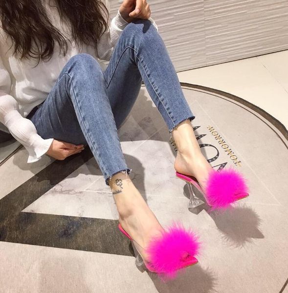 

2021 temperament sandals women's crystal wedge hairy sandals pointed toe high-heeled women's shoes, Black