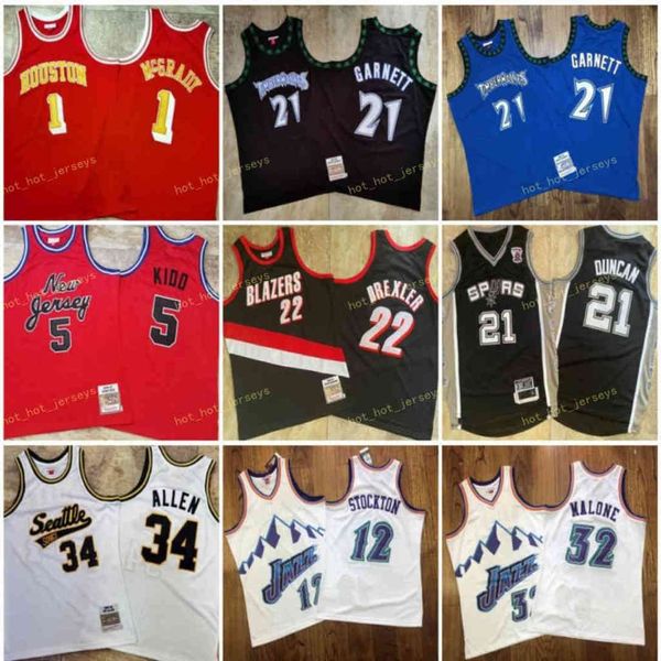 

m & n vintage tracy 1 mcgrady kevin 21 garnett jason 5 kidd clyde 22 drexler tim 21 duncdn malone stockton stitch basketball jersey, Black