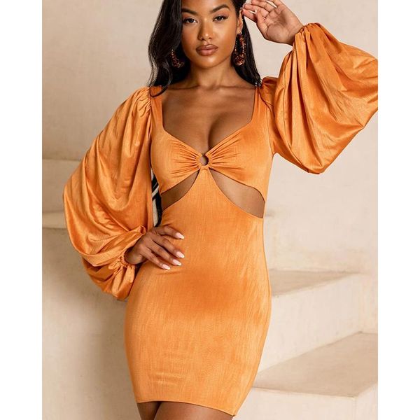 

casual dresses summer fall hollow out dress women v neck lantern sleeve shirt high waist skirt solid color elegant female party club we, Black;gray