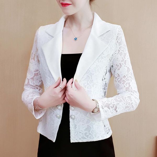 

women's jackets women elegant short jacket 2021 spring summer patchwork lace coats woman turn down collar slim black white outwear fash, Black;brown