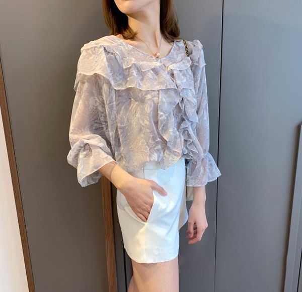 

ladies stylish printed elbow puff sleeve round collar light purple casual blouse shirt with ruffle trim women's blouses & shirts, White