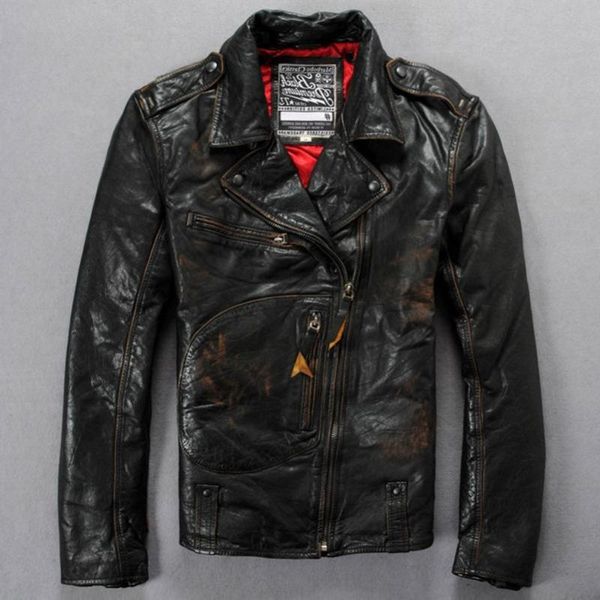 

men's leather & faux italy vintage motorcycle adjustable waist slim fit biker male fashion real jacket for men, Black