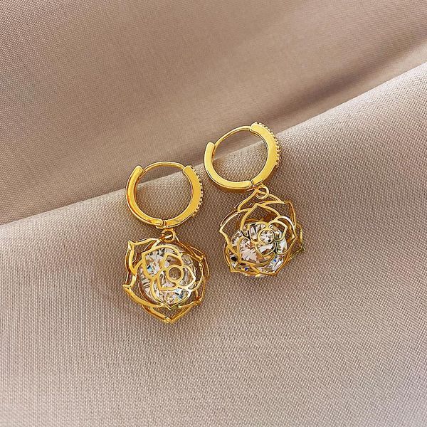 

hoop & huggie korean gold color hollow rose earrings for women fashion simple crystal circle huggies wedding ear rings studs jewelry gift, Golden;silver