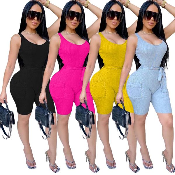 

summer women's jumpsuit european and american style model sashes solid-color knitted rompers bodysuit with pocket jumpsuits &, Black;white