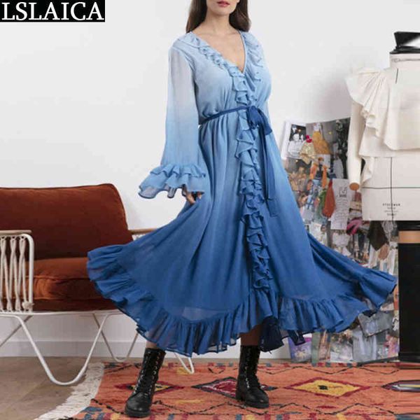 

long sleeve dress for women tie dye print a line ruffled summer sundresses big swing elegant party clubwear spring 210520, Black;gray