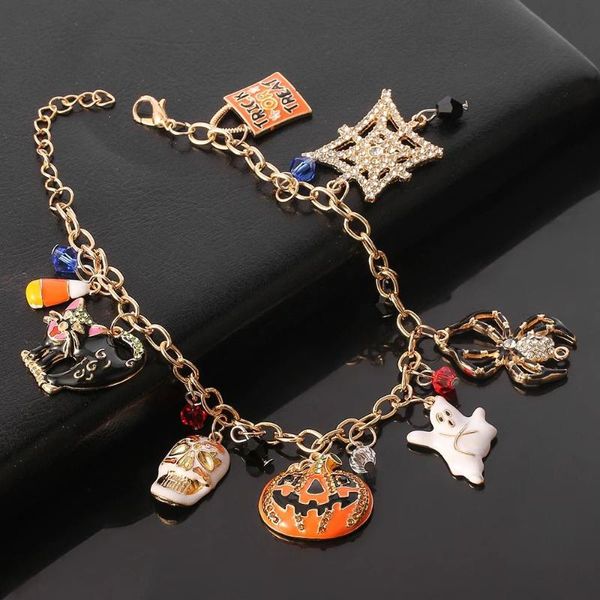 

link, chain gothic punk charm golden bracelet festival bangles skeleton head halloween pumpkin ghost spider skull, Black