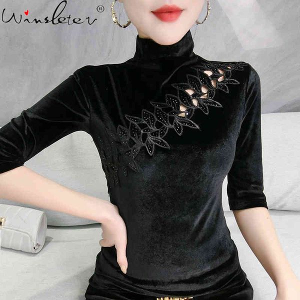 

women's t-shirt summer korean clothes veet turtleneck patchwork hollow out shiny diamonds women half sleeve tees t13125a, White