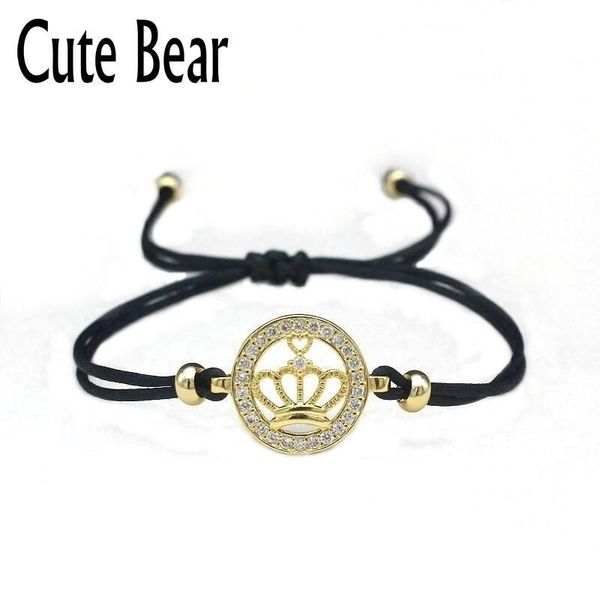 

charm bracelets cute bear brand pave cz crown for women men lovely cartoon animal lucky red rope braided bracelet couple jewelry gift, Golden;silver